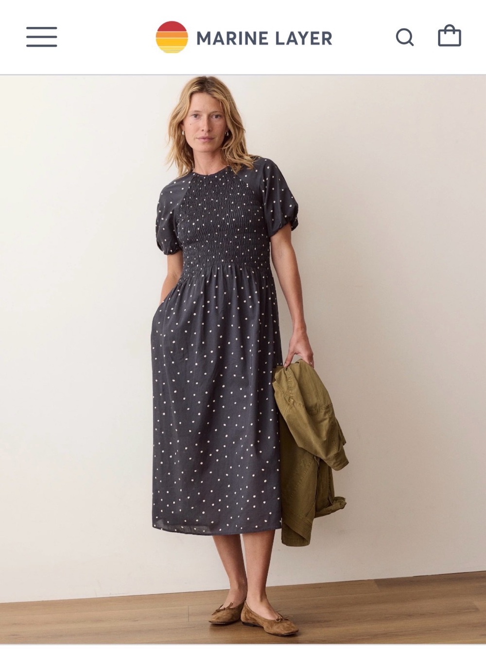 Marine Layer “Gigi” Smocked Dress. Size: Small. Navy Polka Dot.